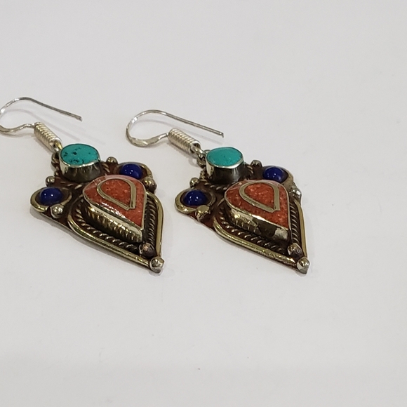 Tibetan Turquoise Lapis Lazuli Gem 925 Drop Earrings - Picture 4 of 12